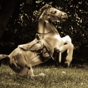 A toy rocking horse rearing up on the grass.