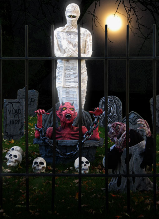 Halloween at the graveyard with the Mummy and friends.