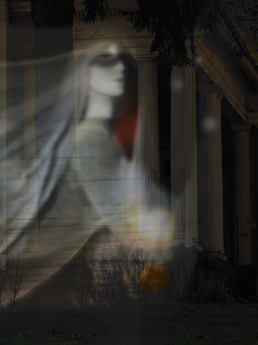 A woman's ghostly figure floats near the columns of a decaying mansion.